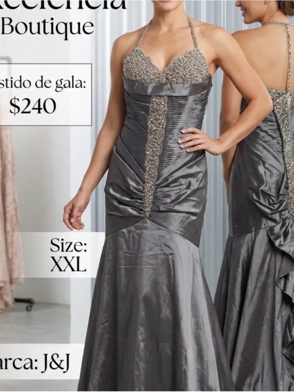 Silver Beaded Halter Prom Gown
